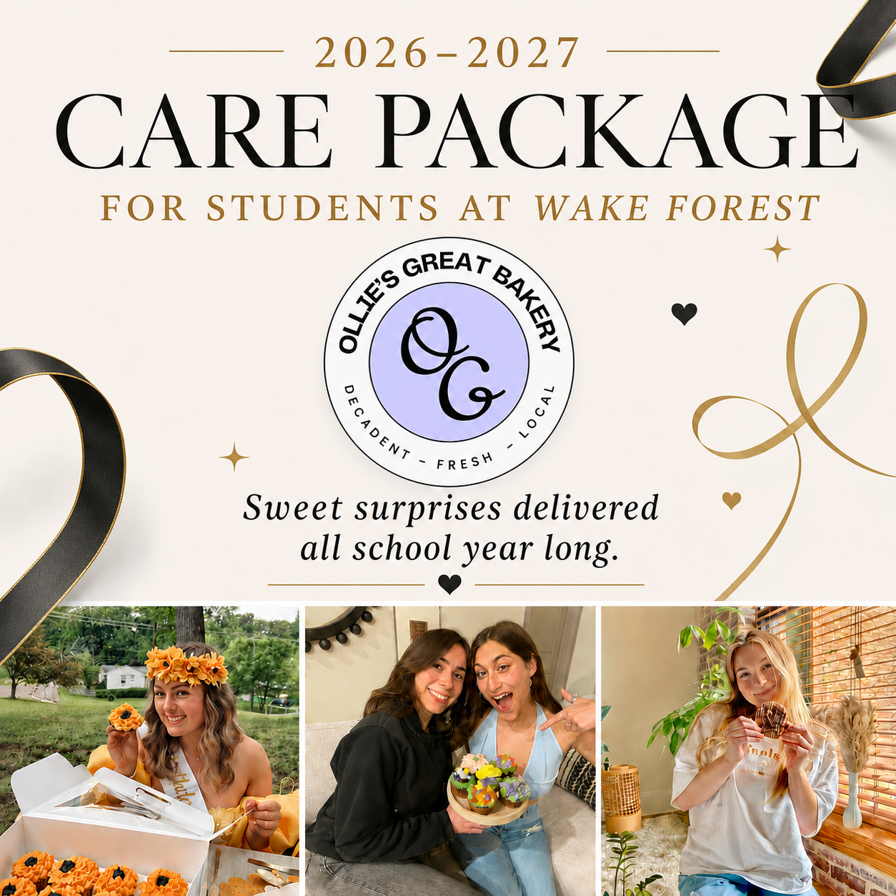 Promotional graphic for Ollie’s Great Bakery 2026–2027 Wake Forest student care packages.