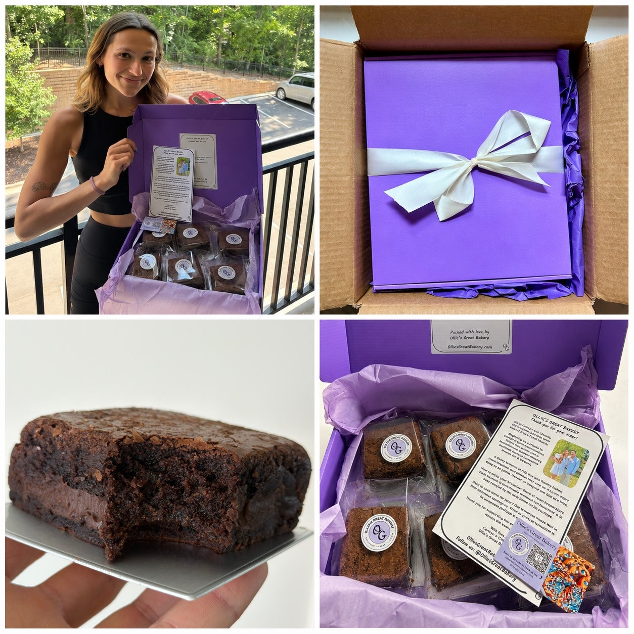 A four-panel collage showing chocolate brownies and purple gift packaging.