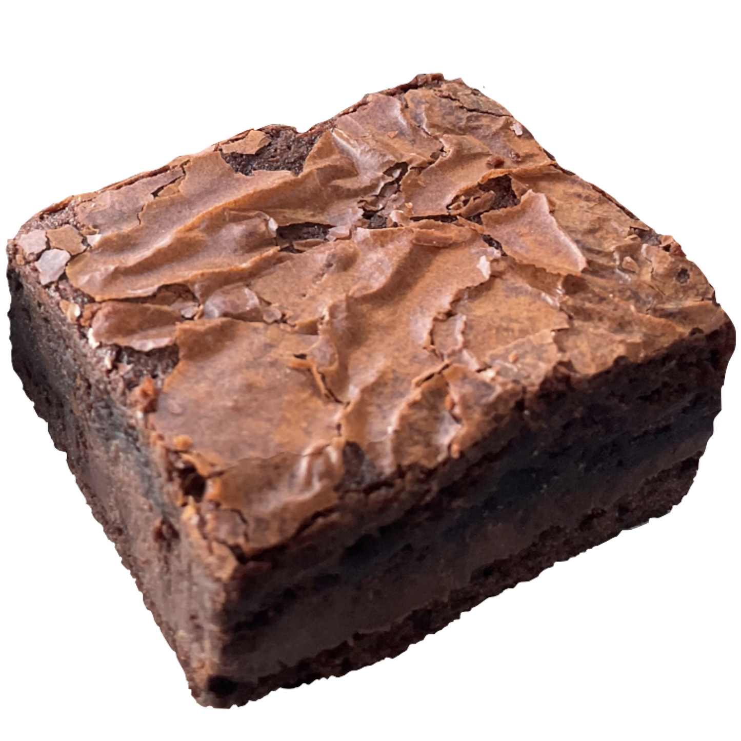 Classic chocolate brownie with a crackly top on a white background.