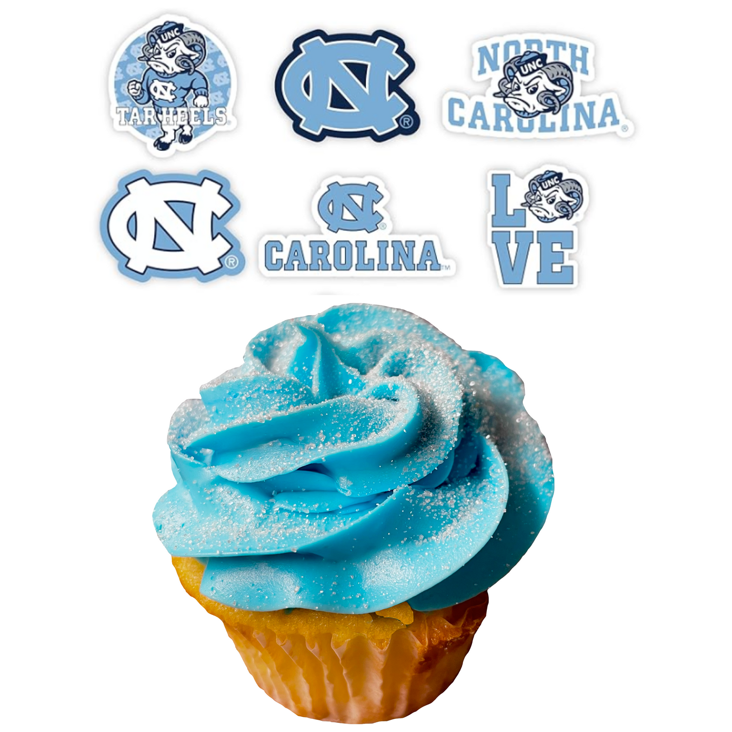 Light Blue Cupcakes with UNC Toppers
