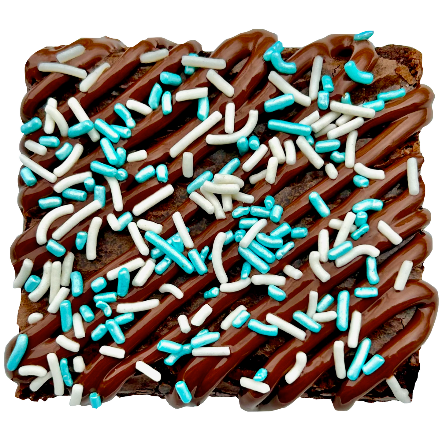 Light blue sprinkle brownie with chocolate drizzle and white and light blue sprinkles.
