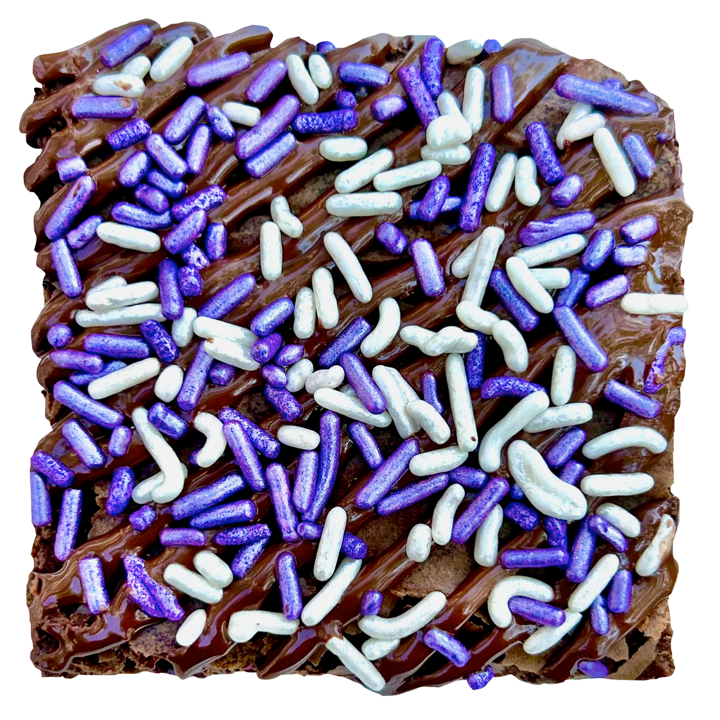 Purple sprinkle brownie with chocolate drizzle and white and purple sprinkles.