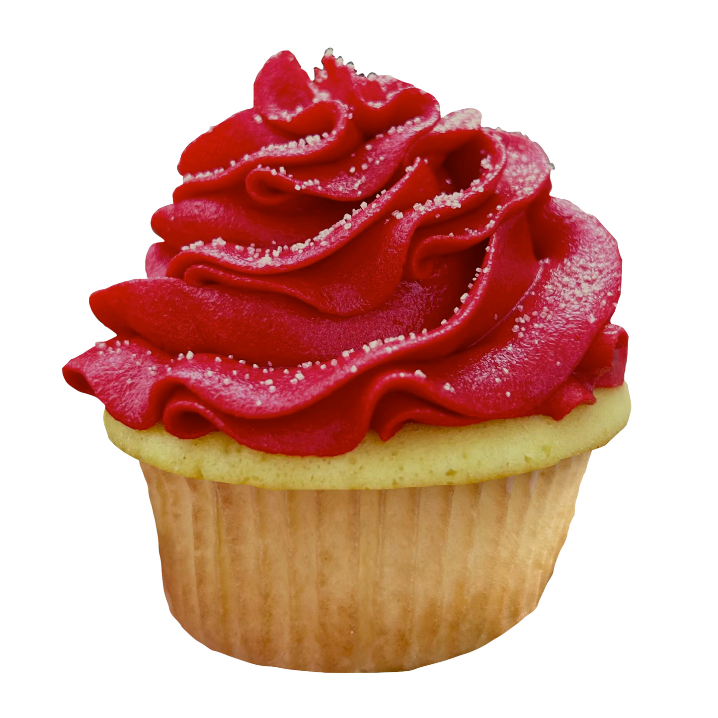 Red cupcake with swirled frosting and white sprinkles.