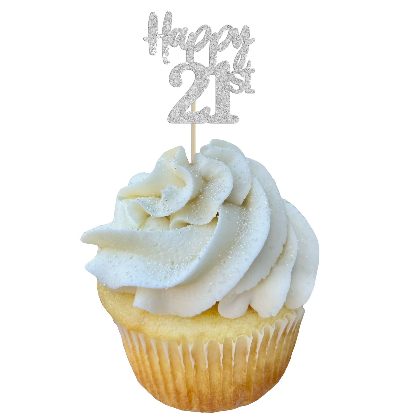 White cupcake with silver Happy 21st topper, swirled frosting and white sprinkles.