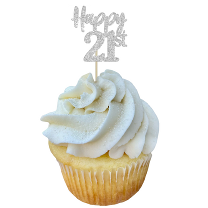 White cupcake with silver Happy 21st topper, swirled frosting and white sprinkles.