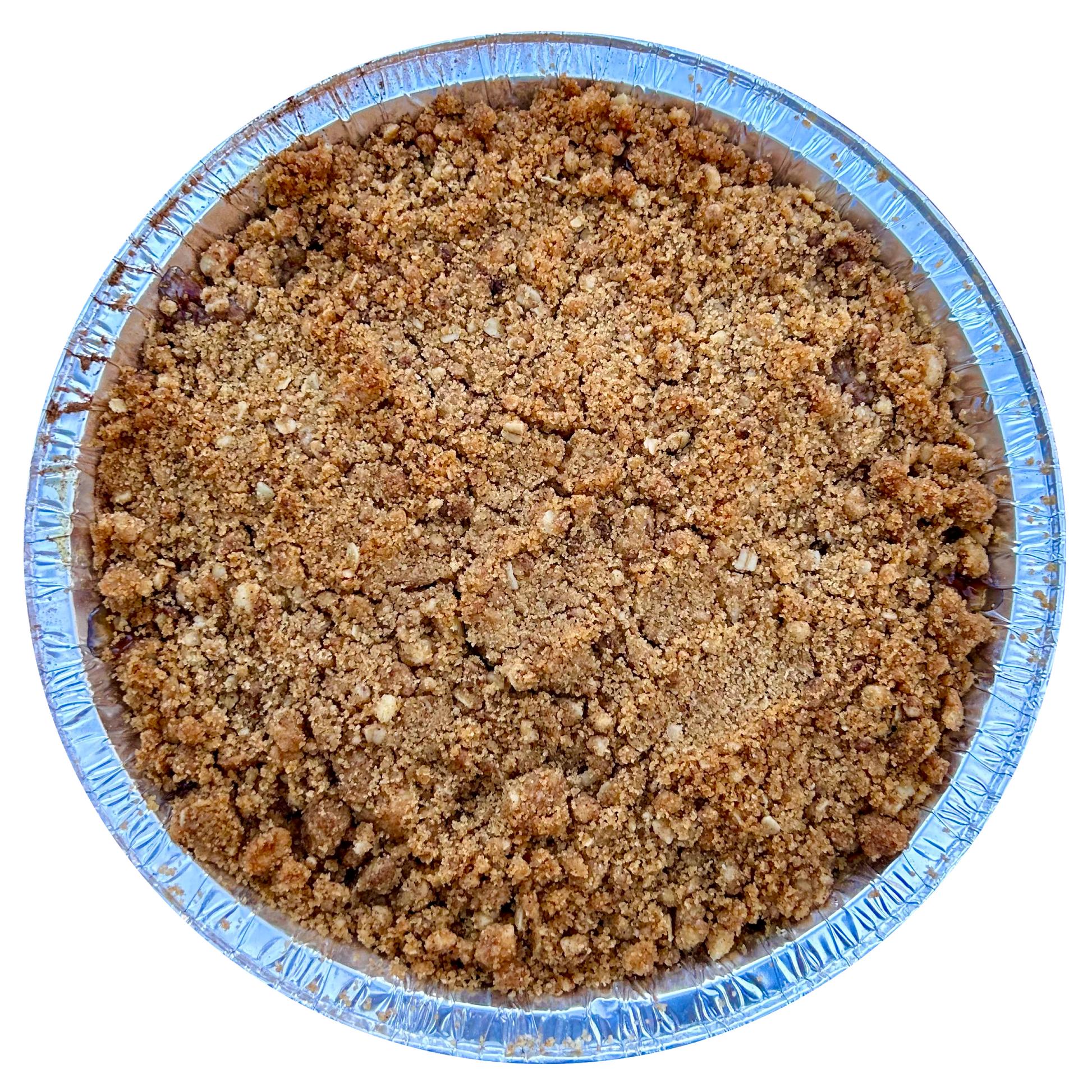 Apple crisp in a round foil pan with cinnamon oat crumble topping.