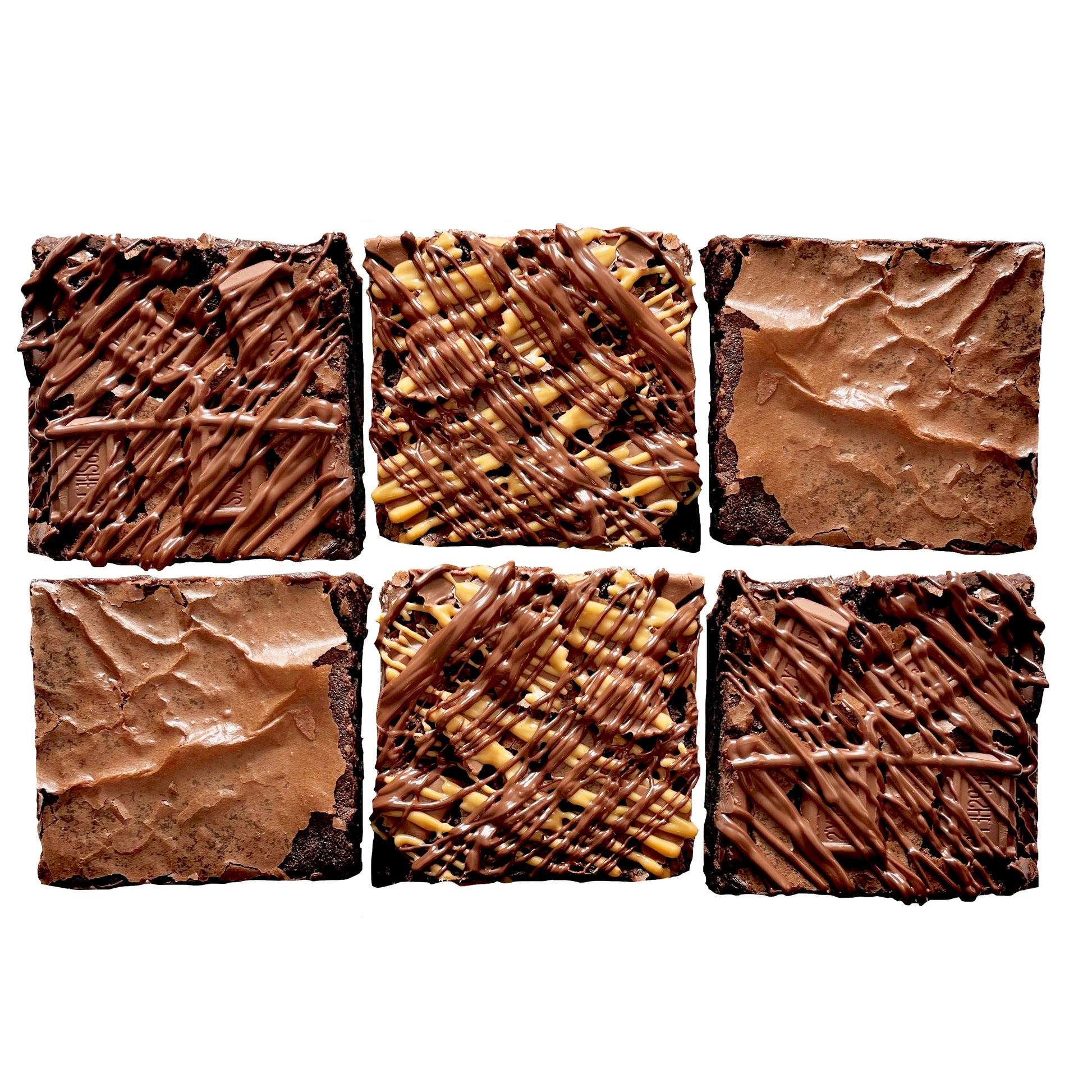 Assorted brownies with classic, Hershey chunk, and peanut butter cup toppings.