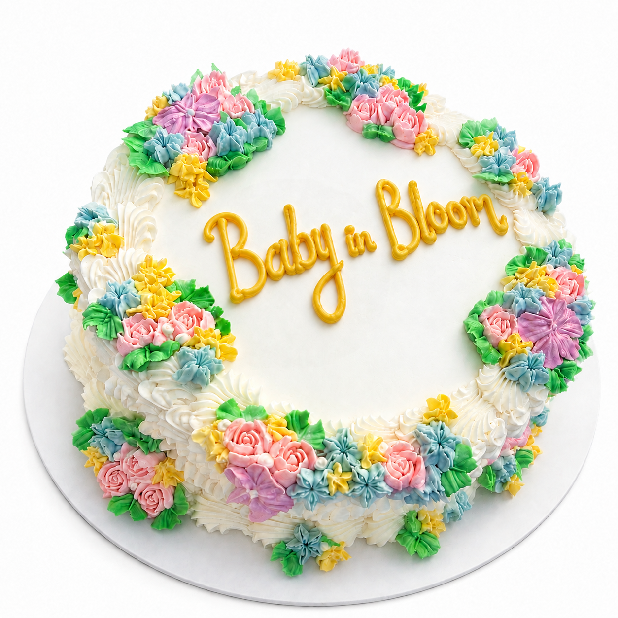 Cake with 'Baby in Bloom' text and colorful floral decorations on a white background