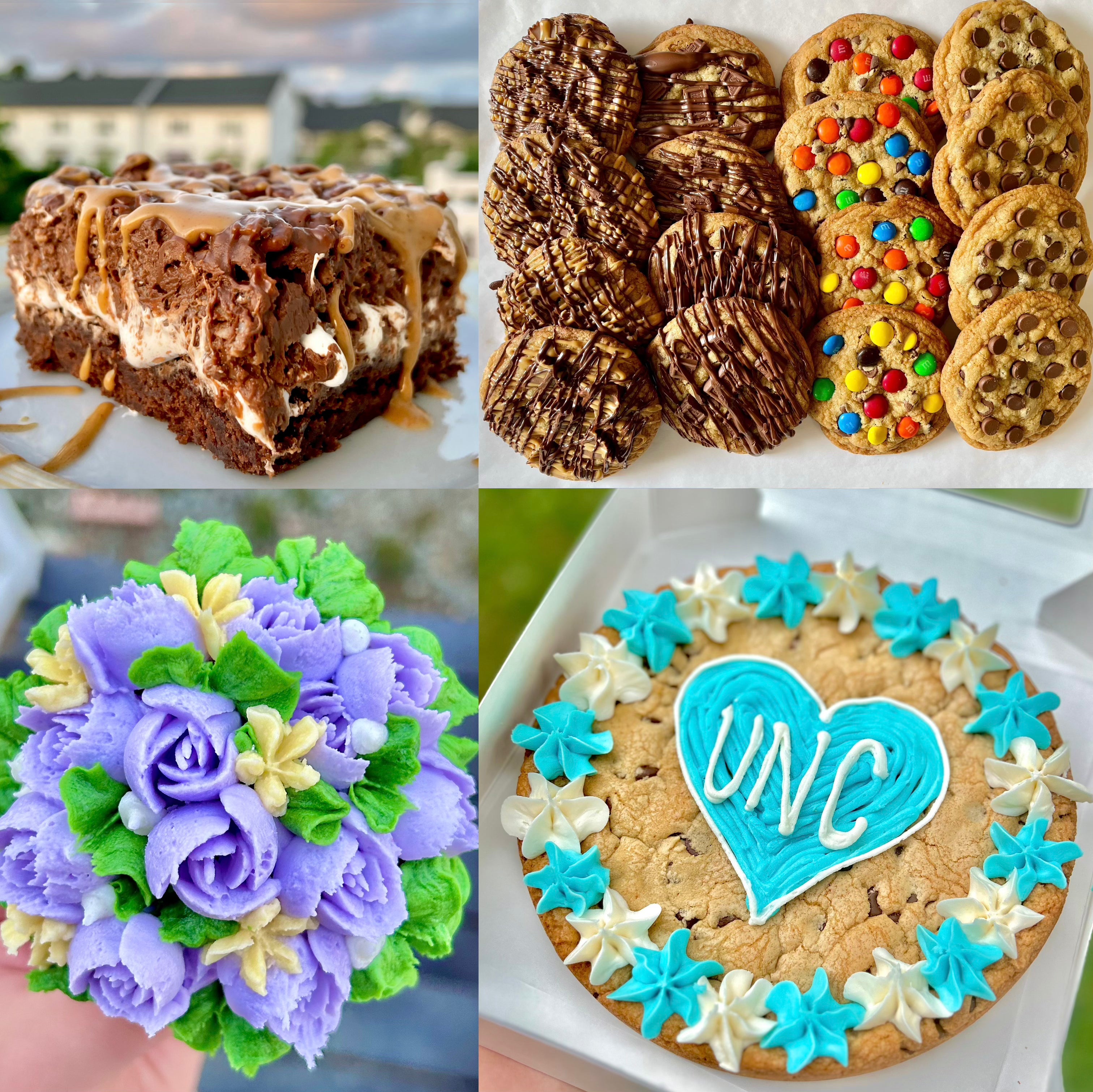 Collage of Ollie’s Great Bakery desserts including brownies, cookies, decorated cupcakes, and a cookie cake.