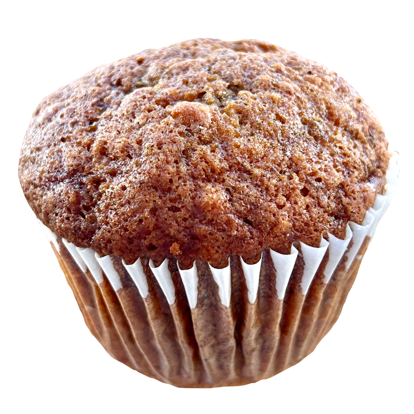 Banana muffin with golden brown top in a paper liner.