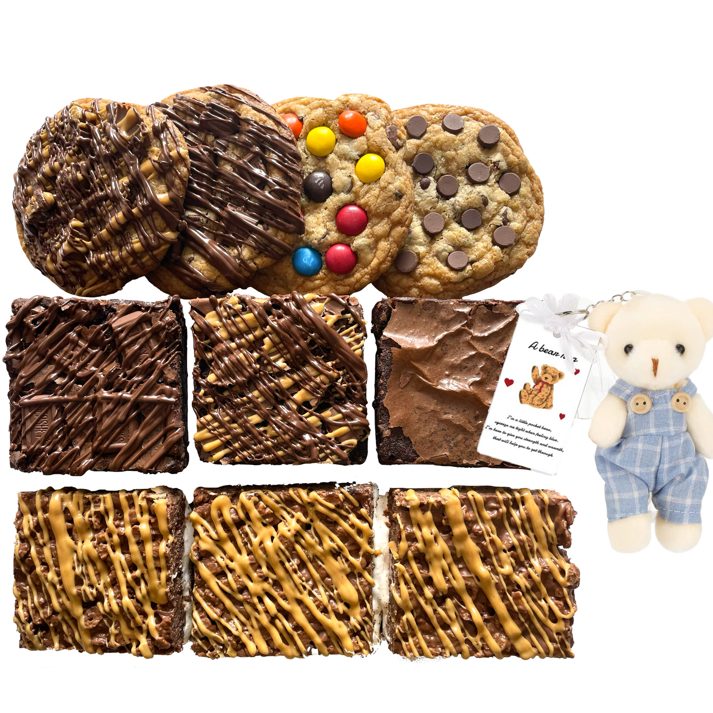 Bear Hug Box with assorted cookies, brownies, and small teddy bear gift bag.