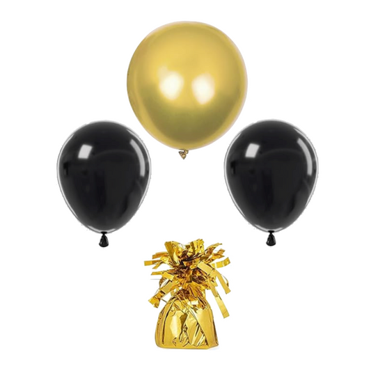 Black and gold balloon arrangement with coordinating balloons and balloon weight.