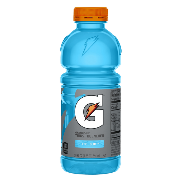 A 20oz bottle of Cool Blue Gatorade.