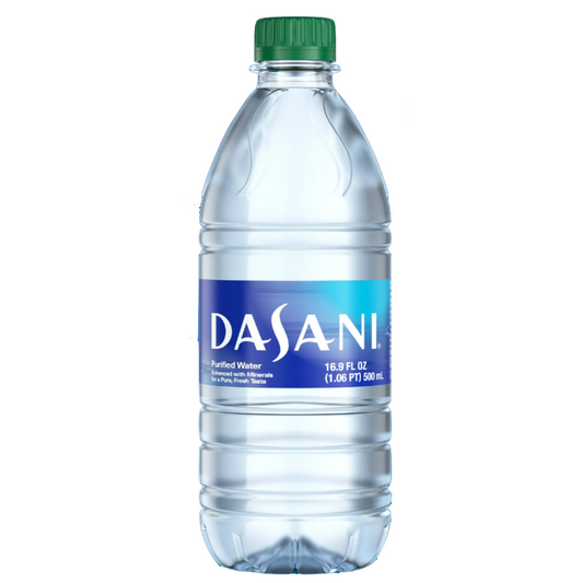 A 16.9oz bottle of Dasani water with a green cap and a blue label.