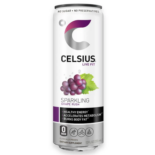 A 12oz can of Celsius Grape Rush Energy Drink.