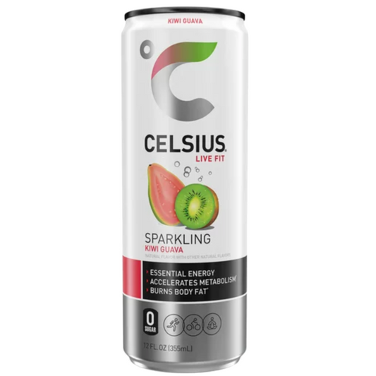 A 12oz can of Celsius Kiwi Guava Energy Drink.