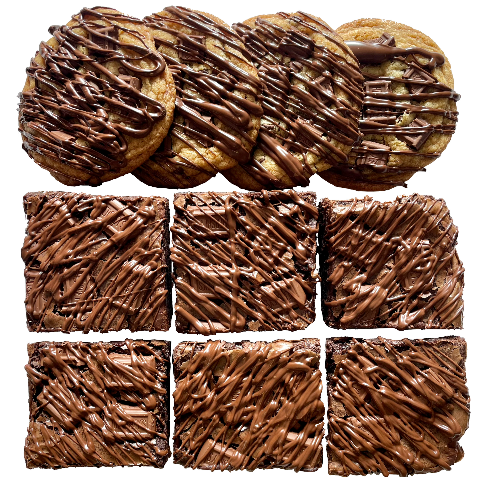 Chocoholic dessert box with four Hershey chunk cookies and six Hershey chunk brownies.