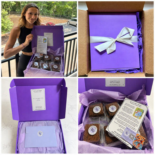A four-panel collage showing chocolate brownies and purple gift packaging.