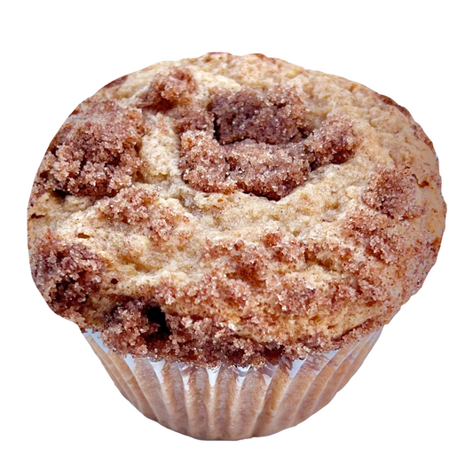Coffee cake muffin with cinnamon sugar crumb top in a paper liner.
