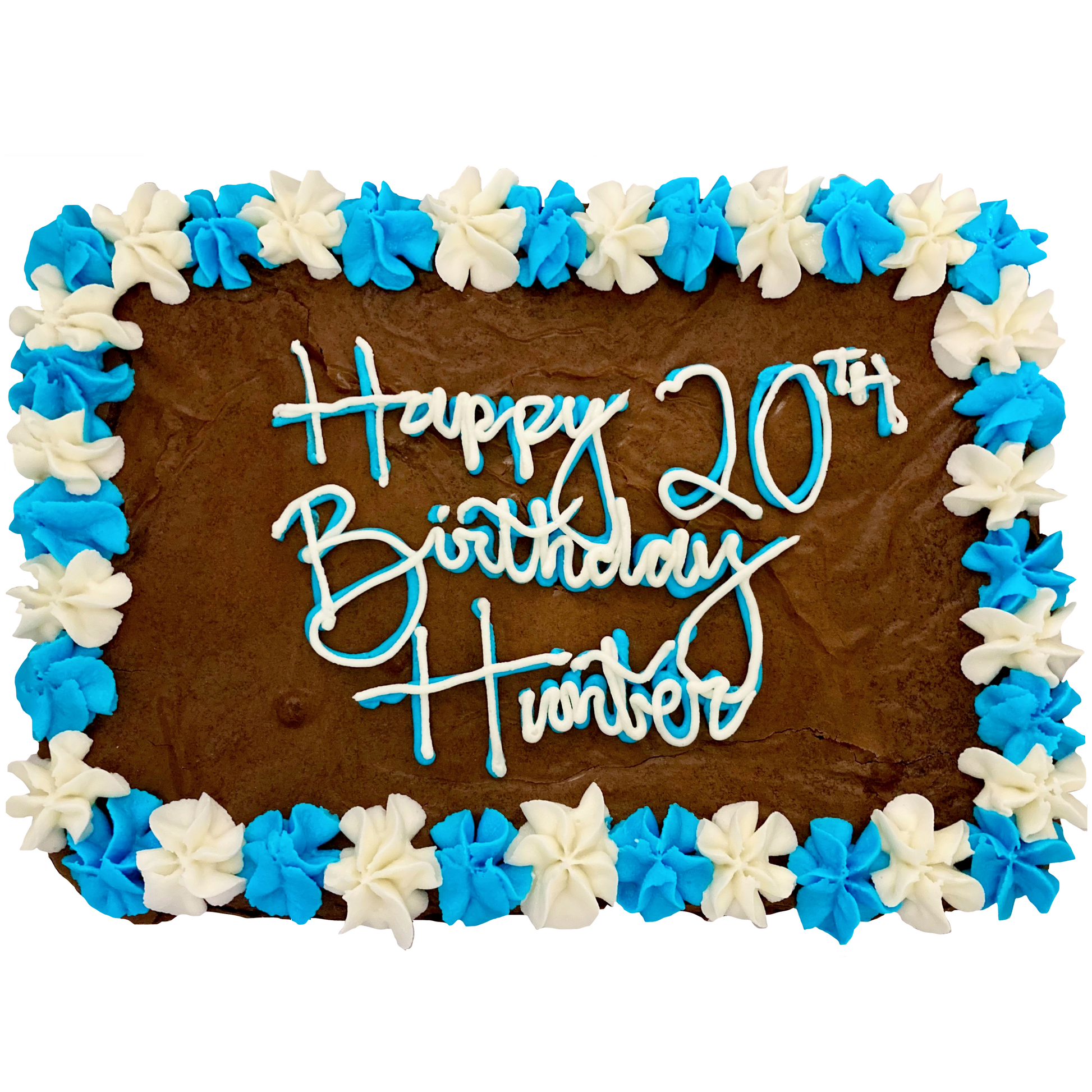 Blue and white brownie cake with custom message and piped frosting border.