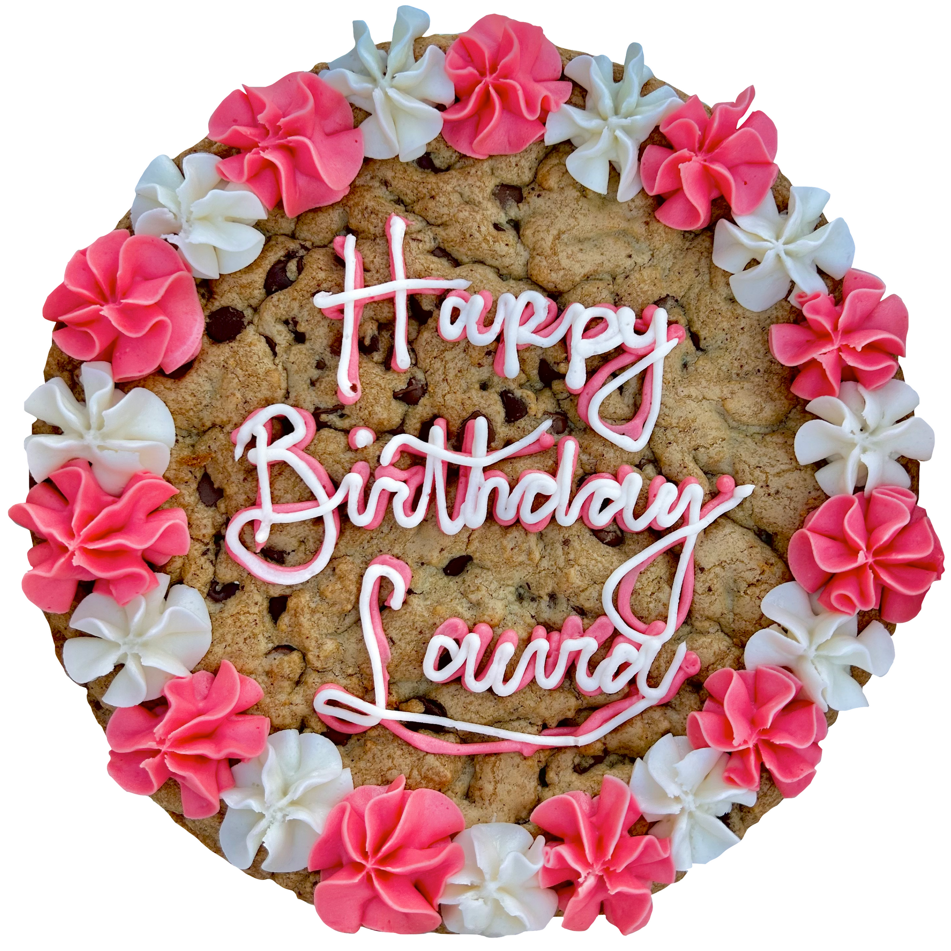 Pink and white cookie cake with custom message and piped frosting border.