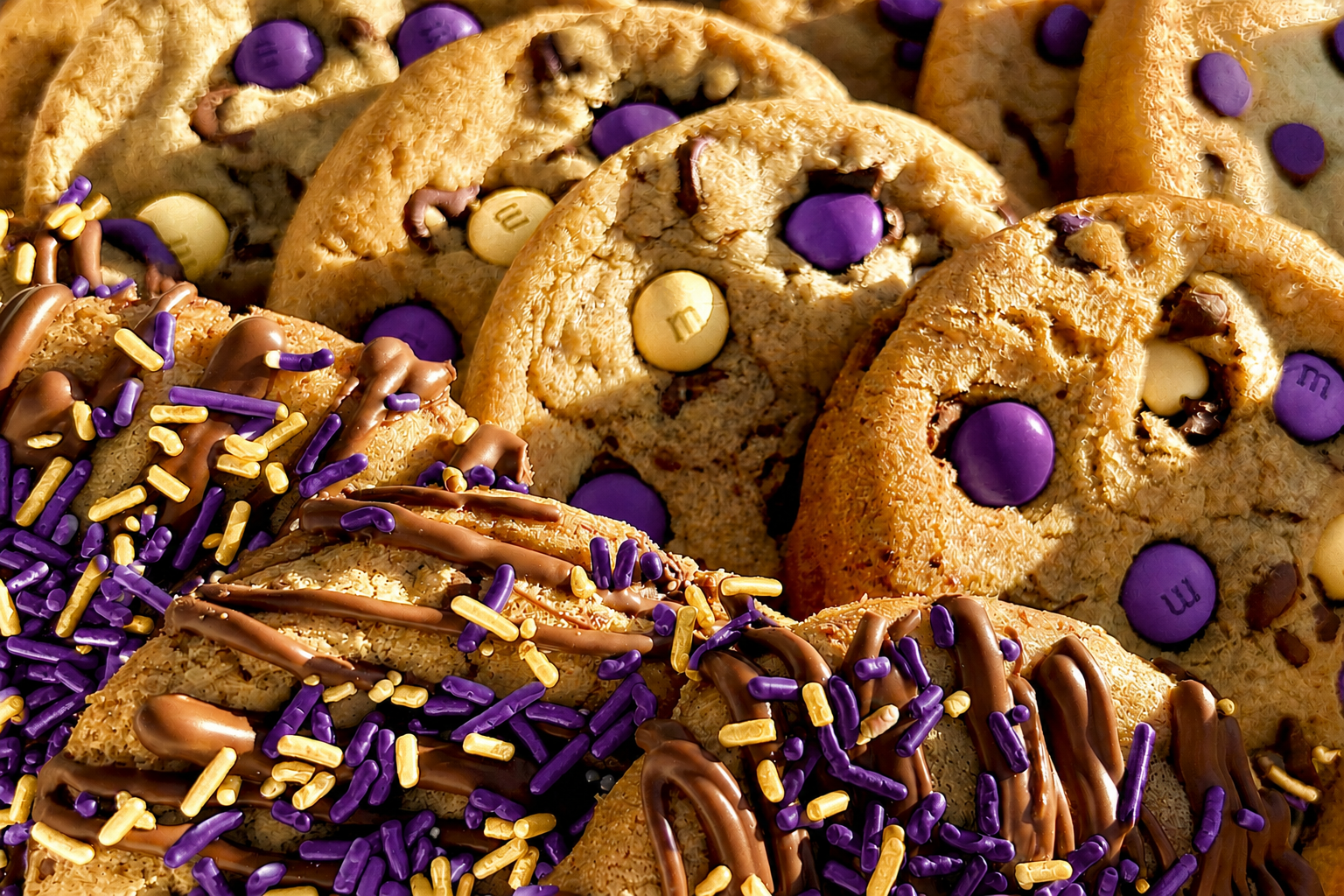 Close-up of purple and gold M&M cookies and purple and gold sprinkle cookies with chocolate drizzle.