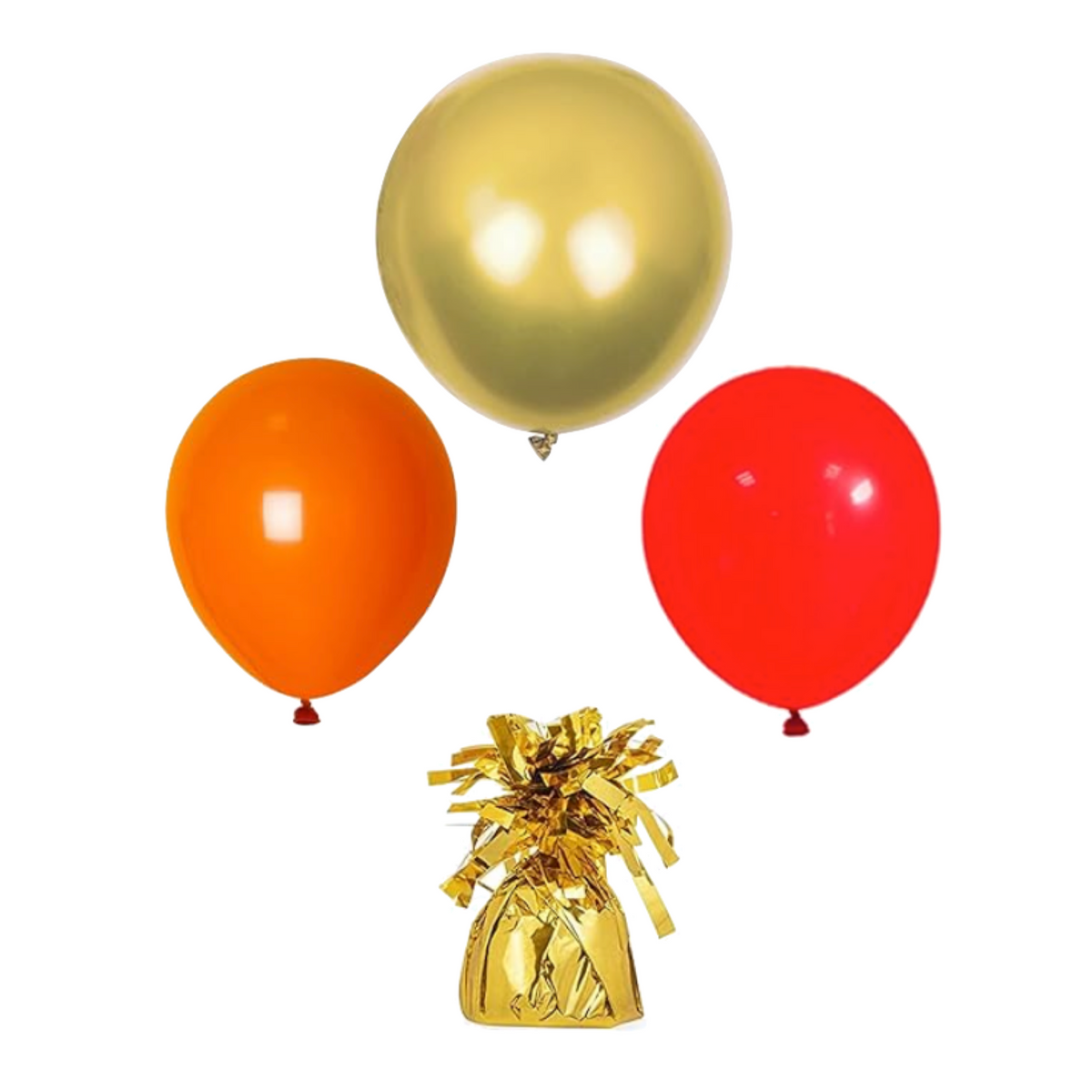 Three latex balloons in gold, orange, and red, with a gold foil topper.