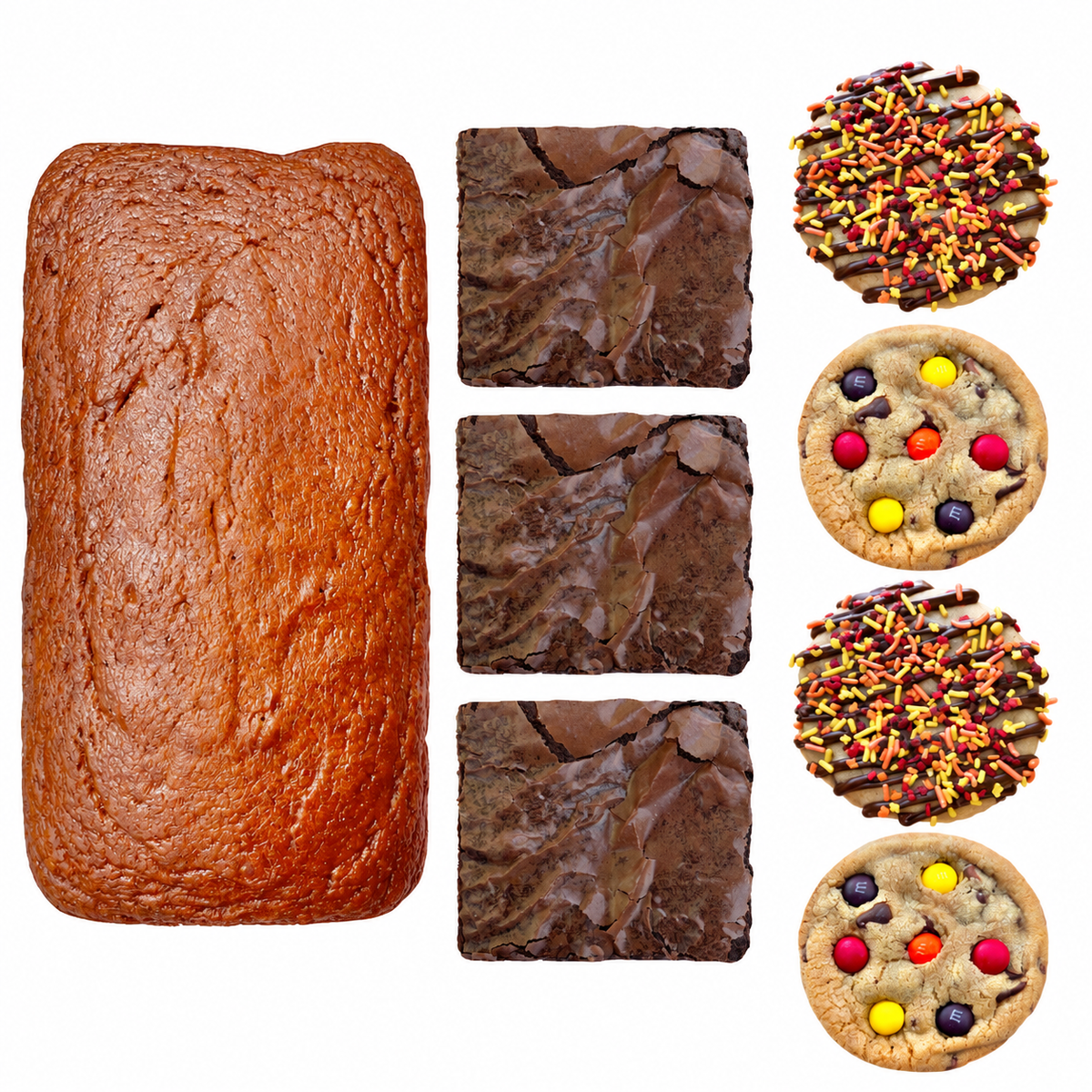 A set of fall-inspired baked goods: one loaf of pumpkin bread, three classic brownies, two sprinkle cookies, and two M&M cookies.