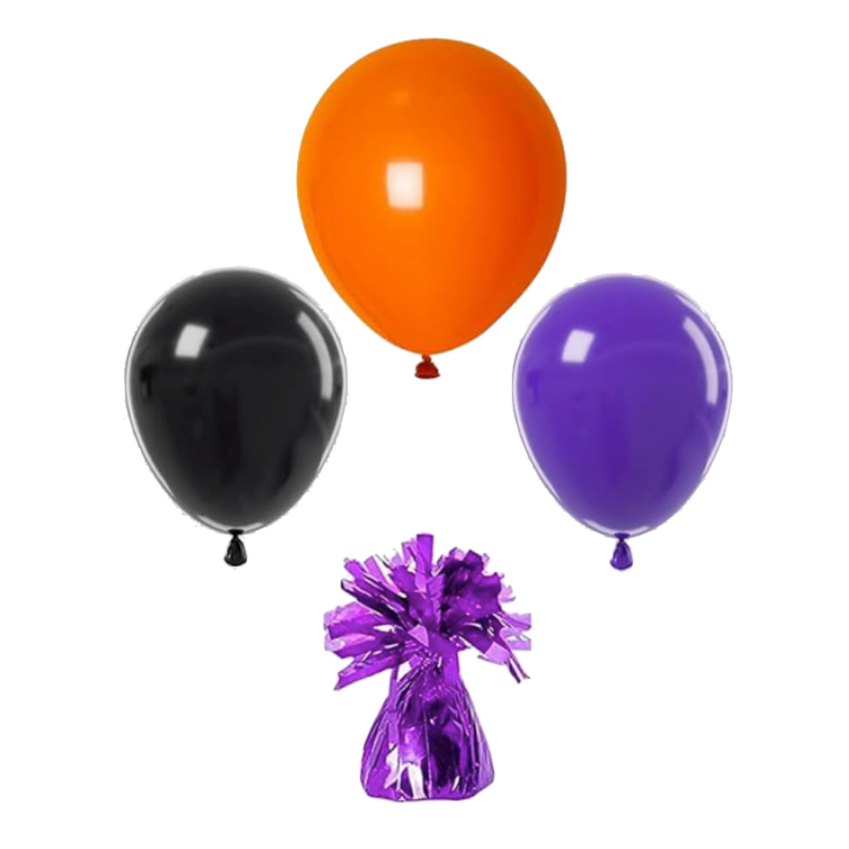 Orange, black, and purple latex balloons with a coordinating purple balloon weight.
