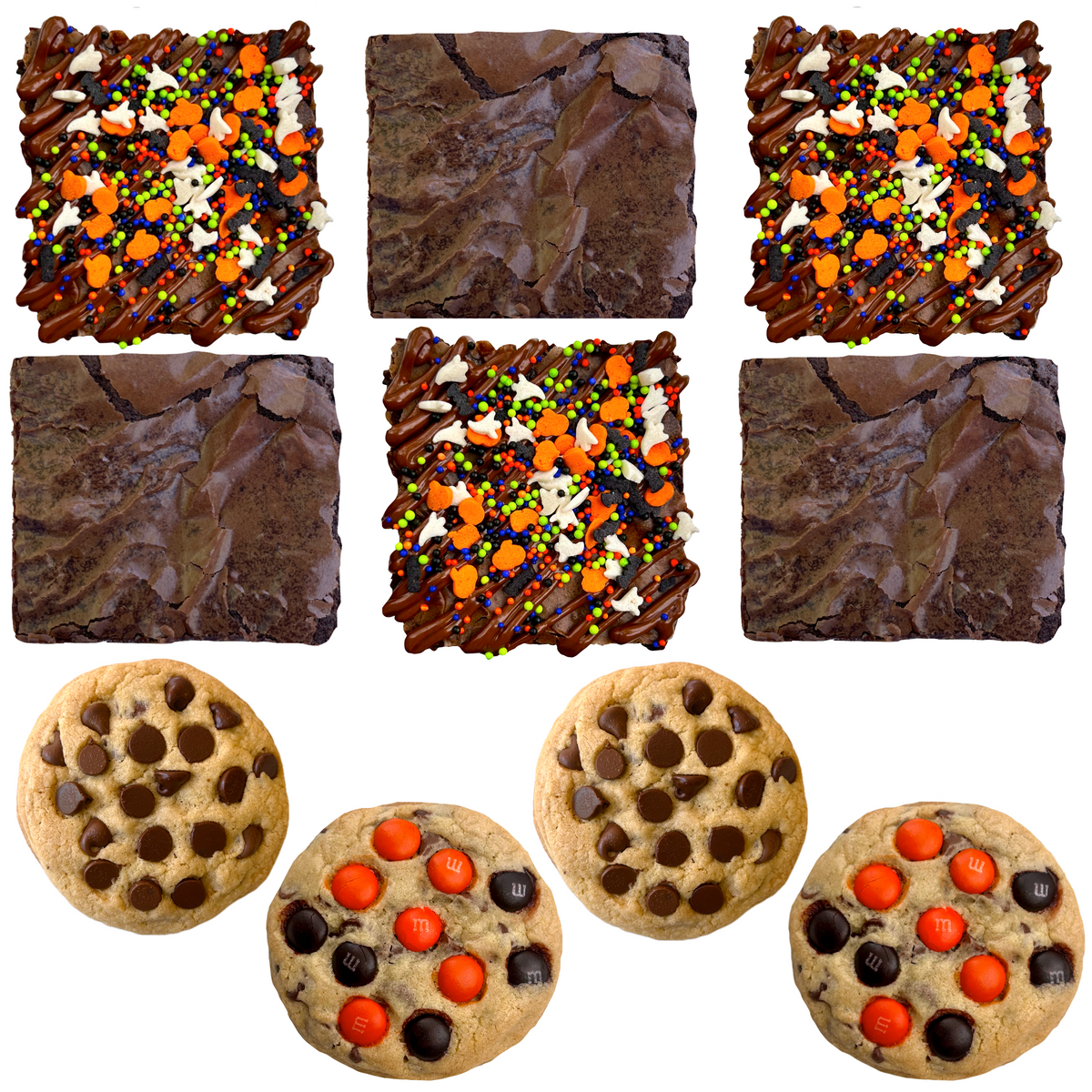 Halloween brownies, classic brownies, chocolate chip cookies, and Halloween M&M cookies on a white background.