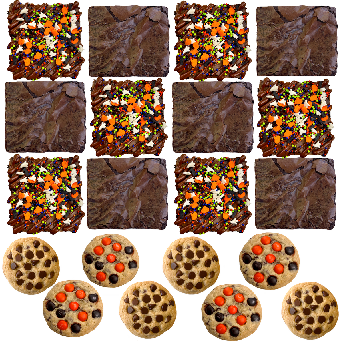 Halloween brownies, classic brownies, chocolate chip cookies, and Halloween M&M cookies on a white background.