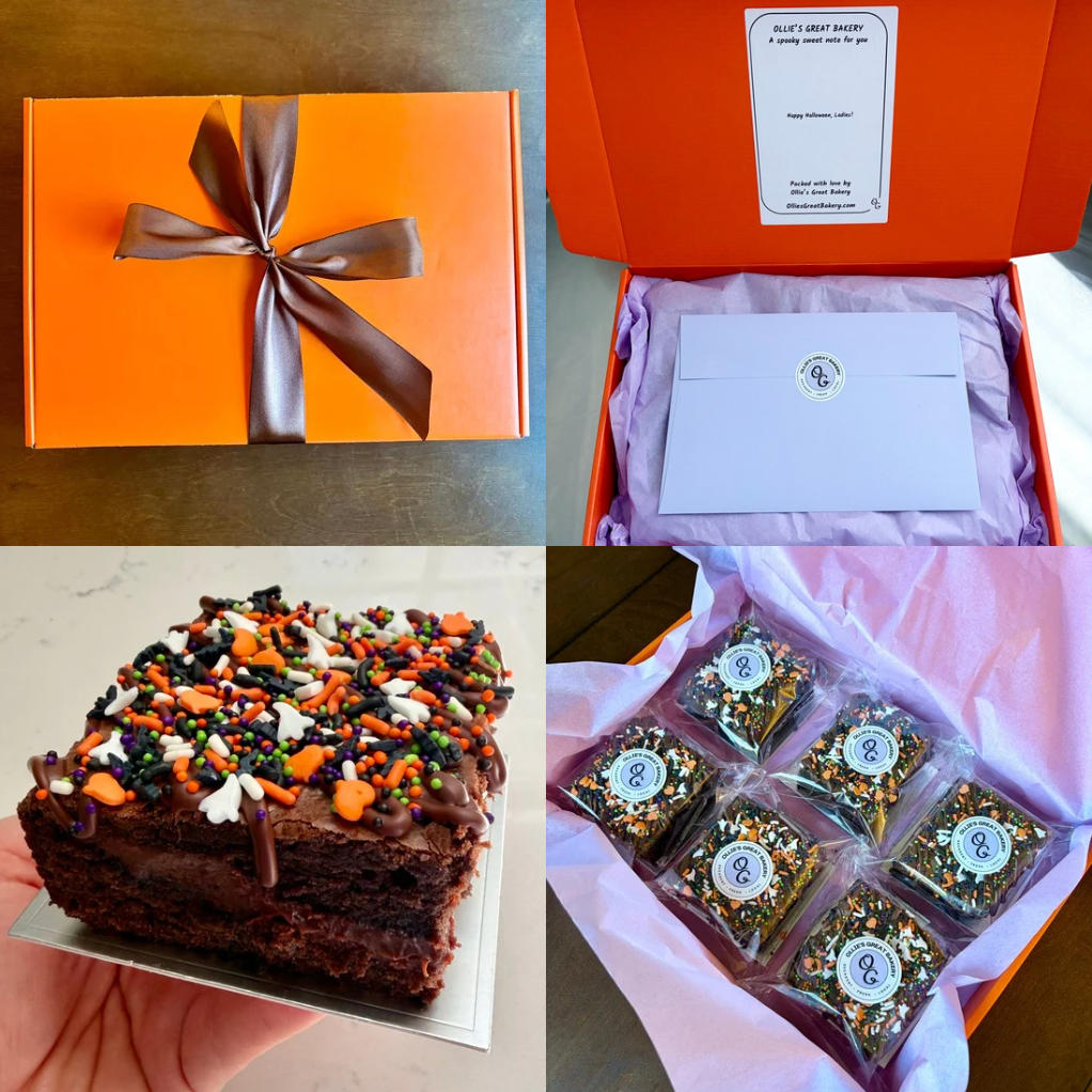 Collage of Halloween Sprinkle Brownie Gift Box images: an unwrapped gift packaging (orange box with brown box), an opened gift box with lavender tissue paper and envelope, a Halloween sprinkle brownie, and an overhead shot of 6 packaged Halloween sprinkle brownies.