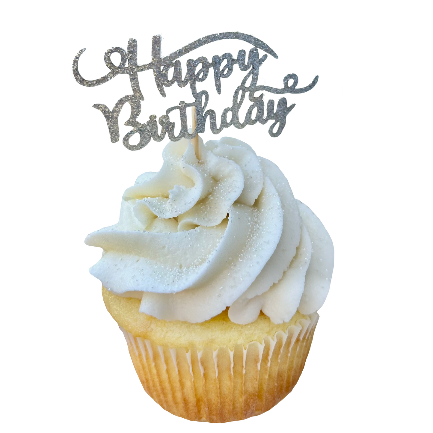 White cupcake with silver Happy Birthday topper, swirled frosting and white sprinkles.