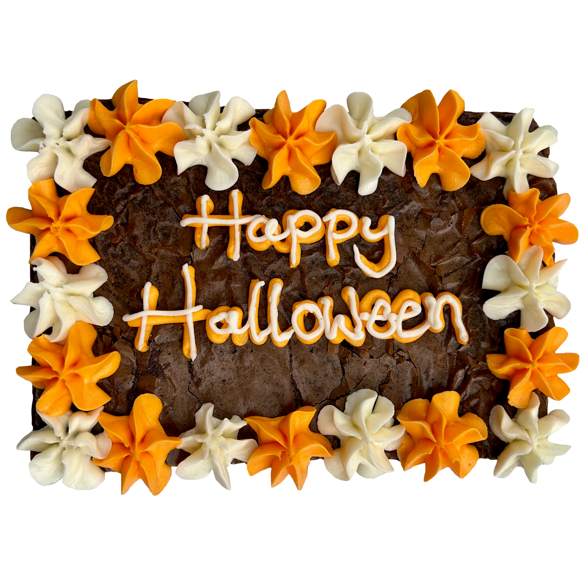 A decorated brownie cake with 'Happy Halloween' written on top, surrounded by white and orange buttercream frosting.