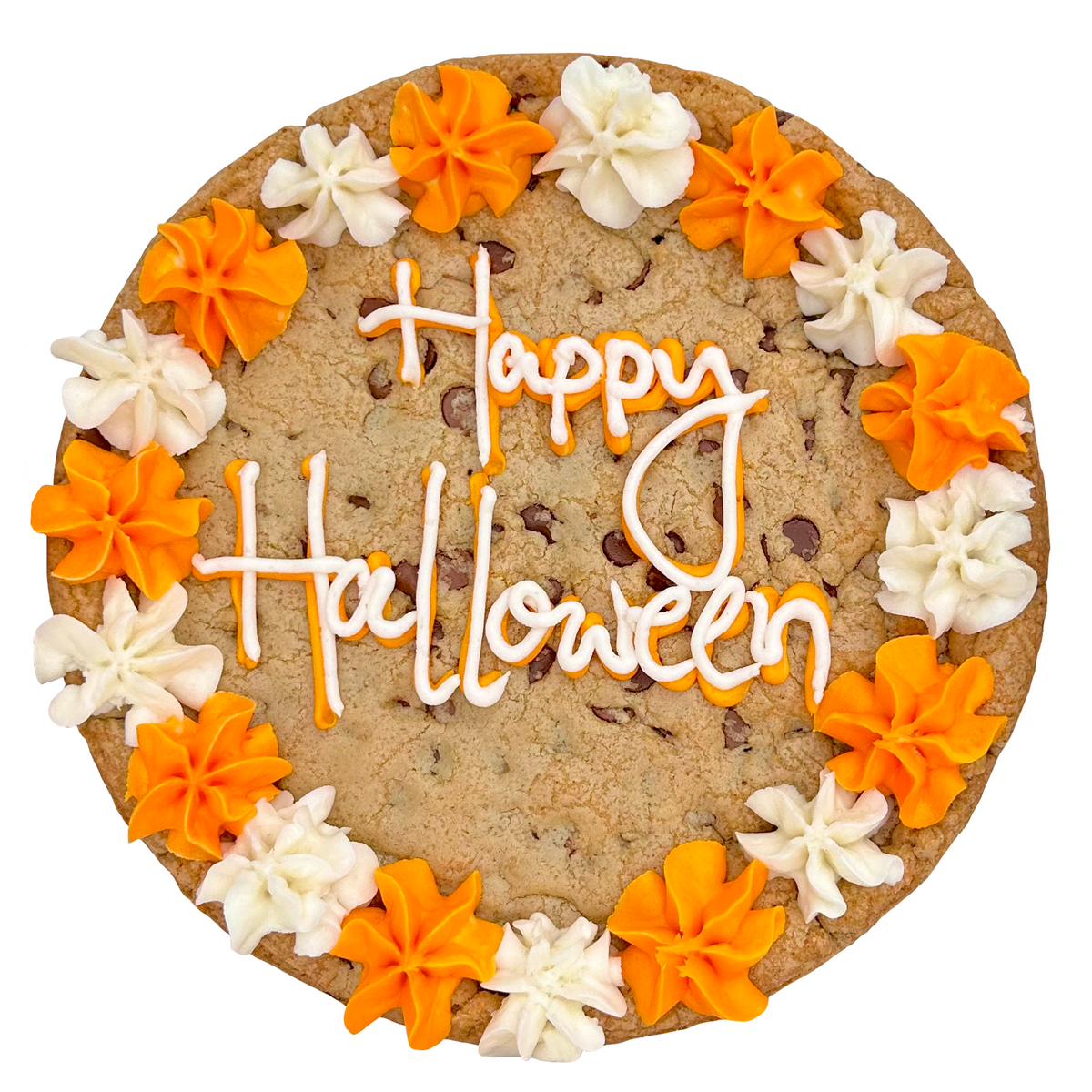 A 9" round cookie cake with orange and white frosting decorations, and the frosted message 'Happy Halloween'.