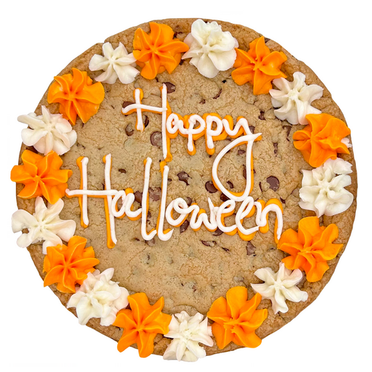 A 9" round cookie cake with orange and white frosting decorations, and the frosted message 'Happy Halloween'.