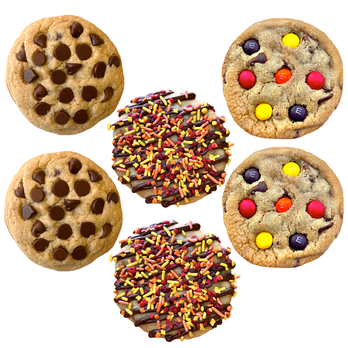 Six fall cookies: two chocolate chip cookies, two fall-colored M&M cookies, and two fall sprinkle cookies.