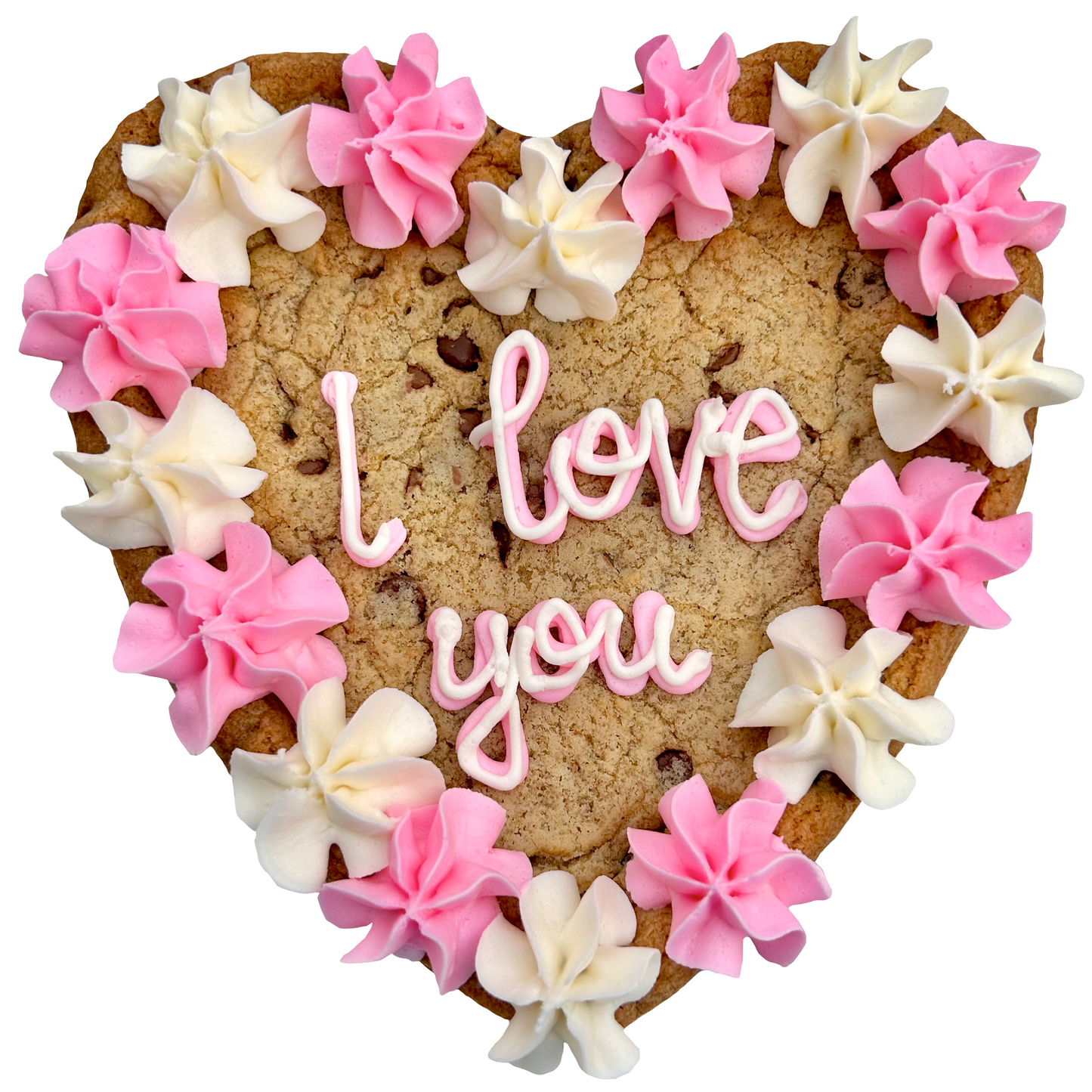 Pink and white heart-shaped cookie cake with custom message and piped frosting border.