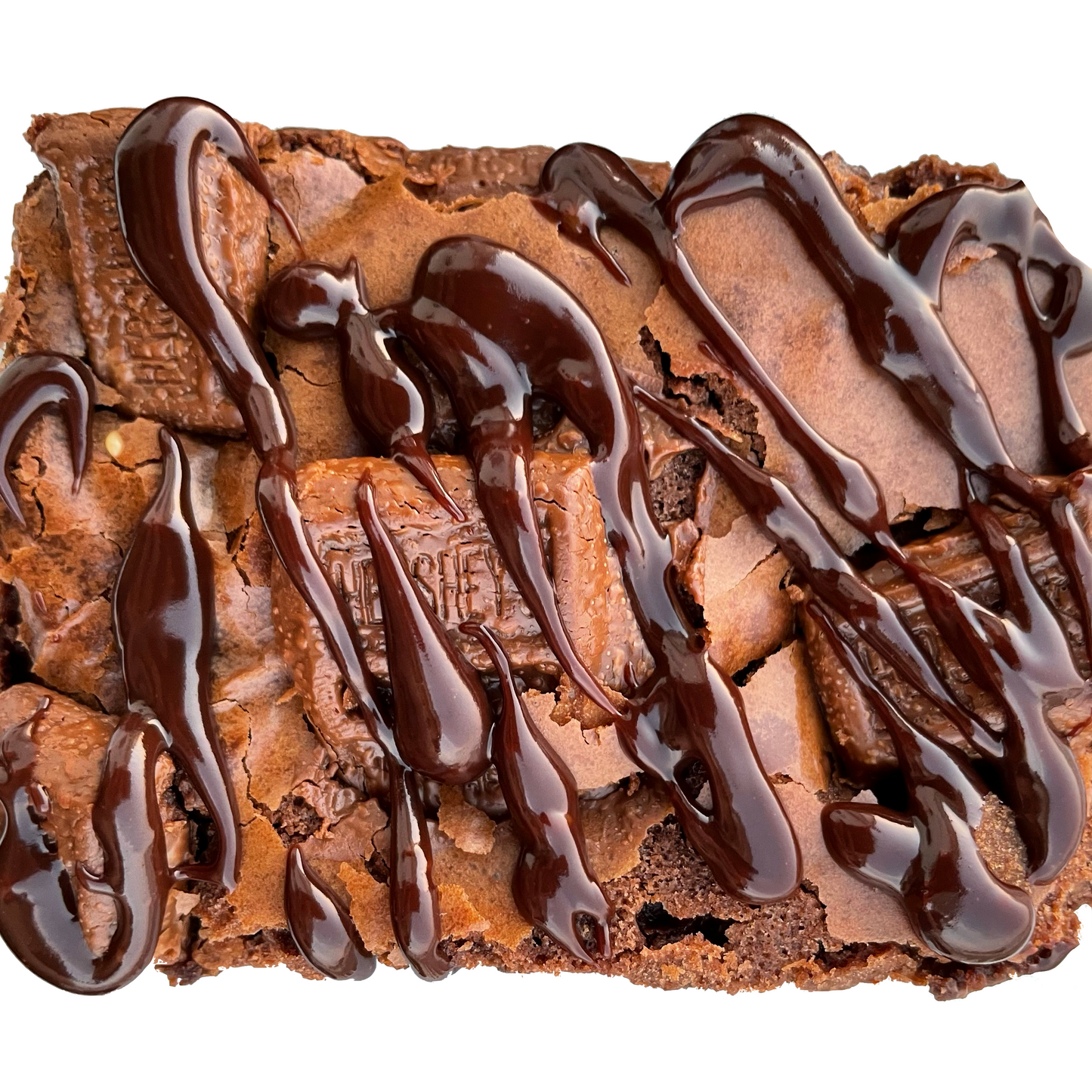 Hershey chunk brownie with chocolate drizzle.