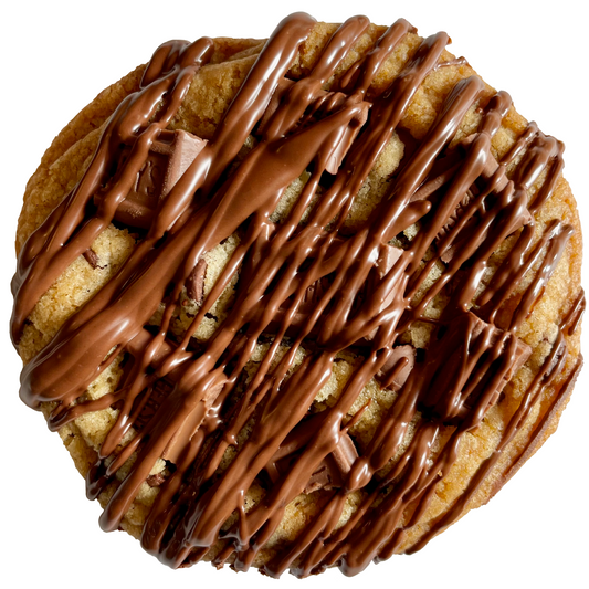 Hershey chunk cookie with chocolate drizzle.