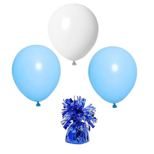 Light blue and white balloon arrangement with coordinating balloons and balloon weight.