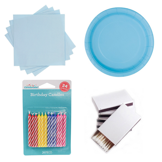 A set of party supplies including blue paper plates, blue napkins, a pack of multicolored birthday candles, and a pack of matches.