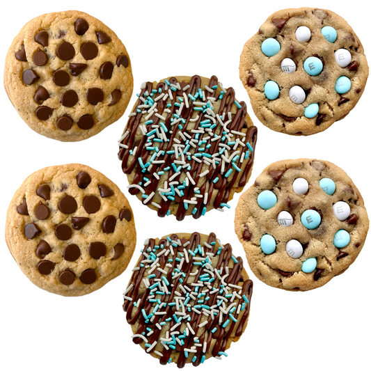 Light blue cookie box with chocolate chip cookies, M&M cookies, and sprinkle cookies.