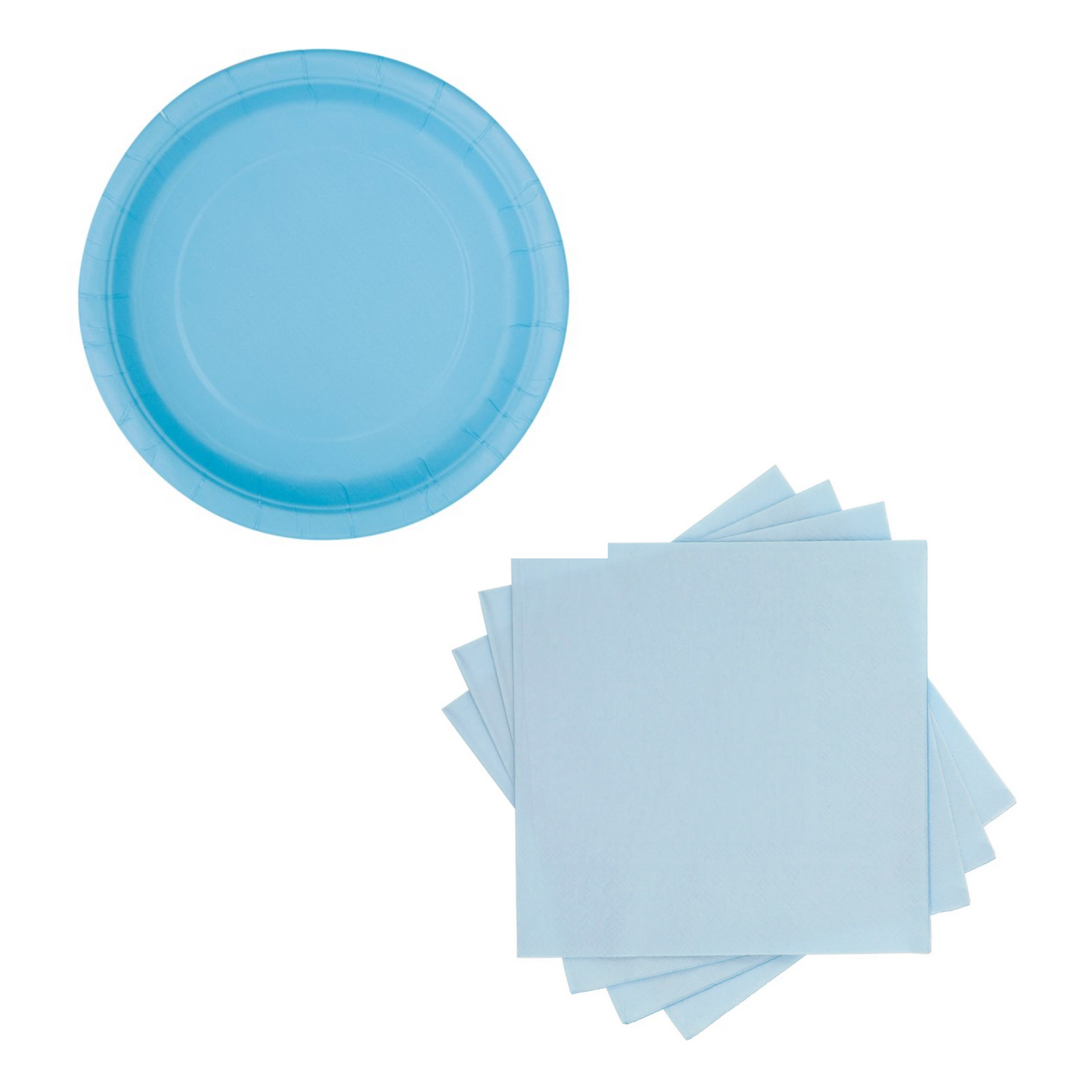 A set of party supplies including light blue paper plates and light blue napkins.