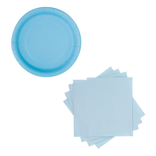 A set of party supplies including light blue paper plates and light blue napkins.