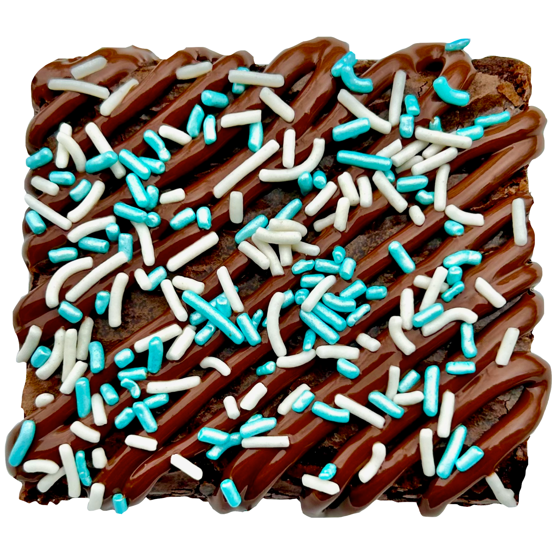Light blue sprinkle brownie with chocolate drizzle and white and light blue sprinkles.