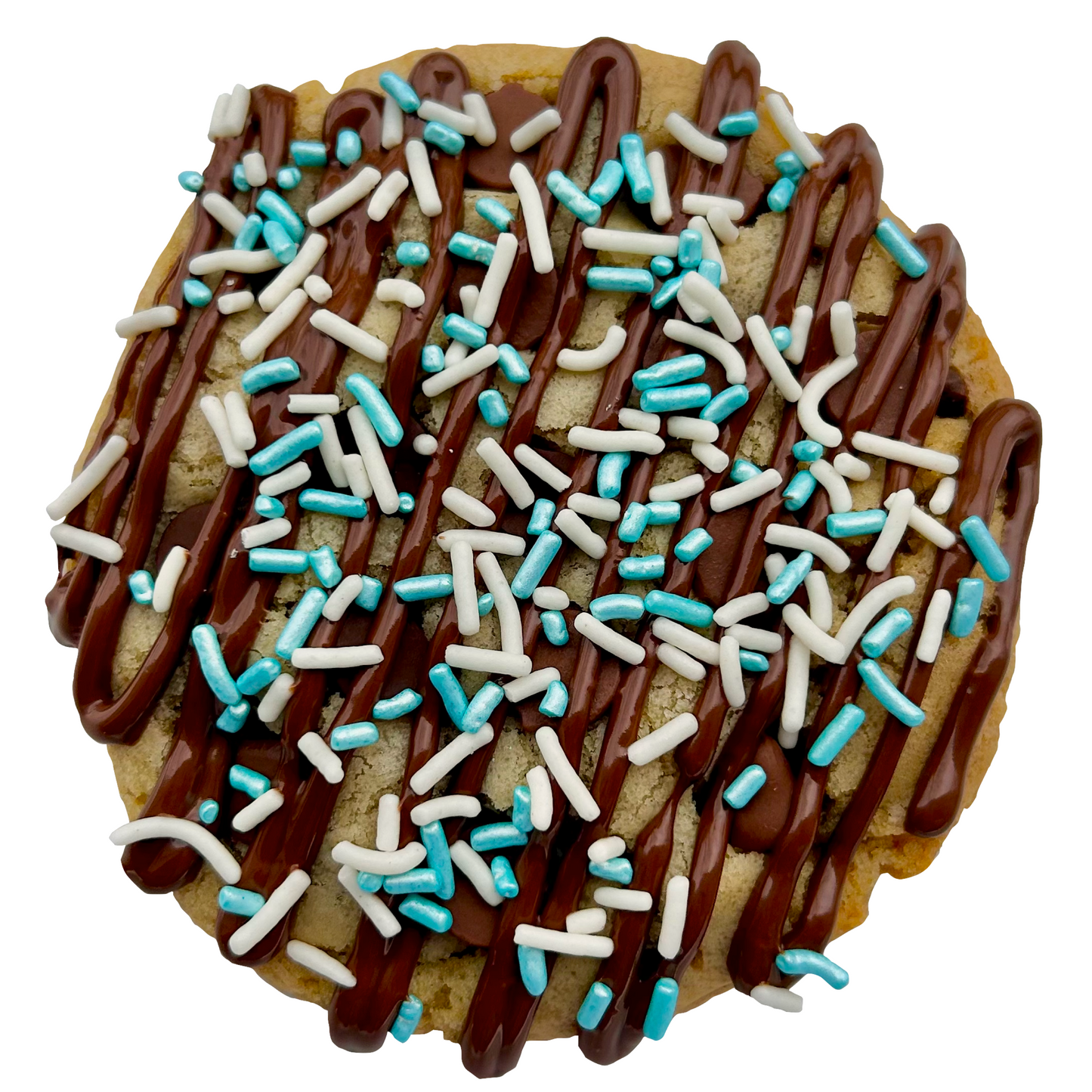Light blue sprinkle cookie with chocolate drizzle and white and light blue sprinkles.