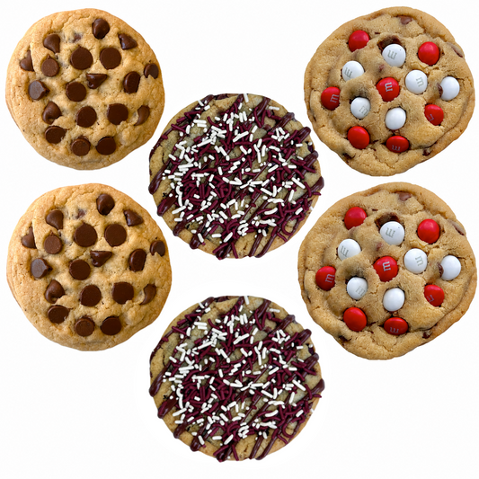 Maroon cookie box with chocolate chip cookies, M&M cookies, and sprinkle cookies.