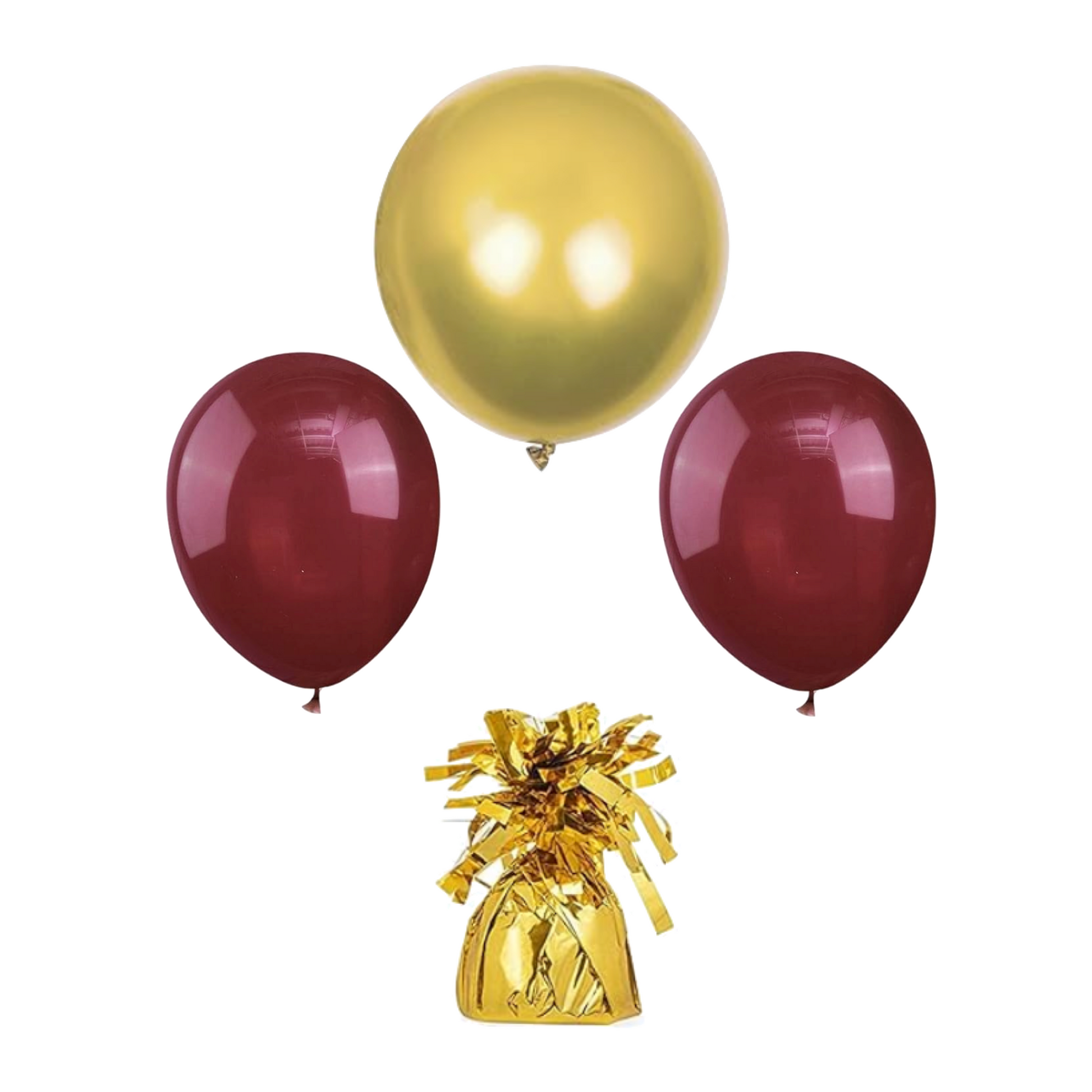 Maroon and gold balloon arrangement with coordinating balloons and balloon weight.