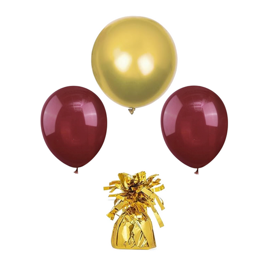 Maroon and gold balloon arrangement with coordinating balloons and balloon weight.